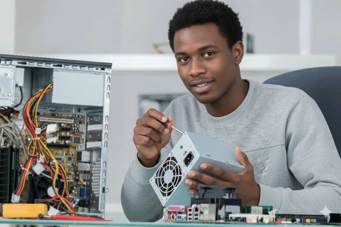 Male student fixing computers